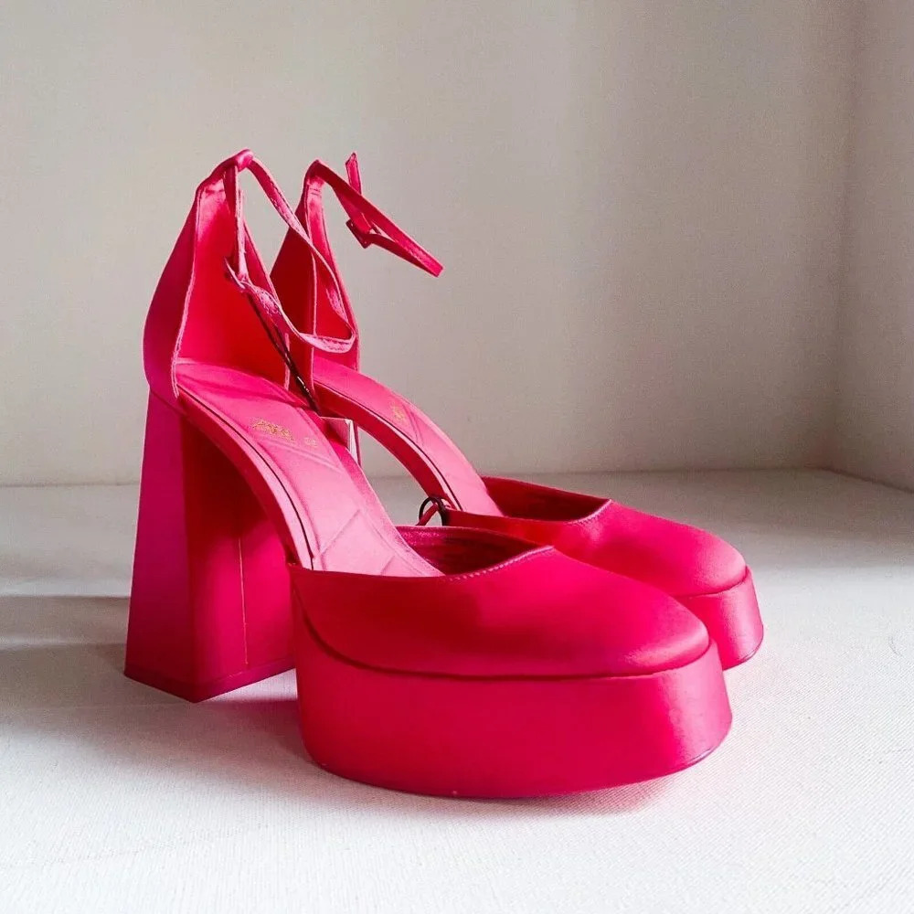 Zara Hot Pink  Satin Chunky Block Heel Platform Heels 7.5